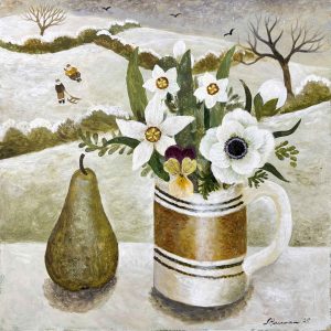 Sledgers & Pear. Floral Figurative Paintings by Sarah Bowman. Oil on board.