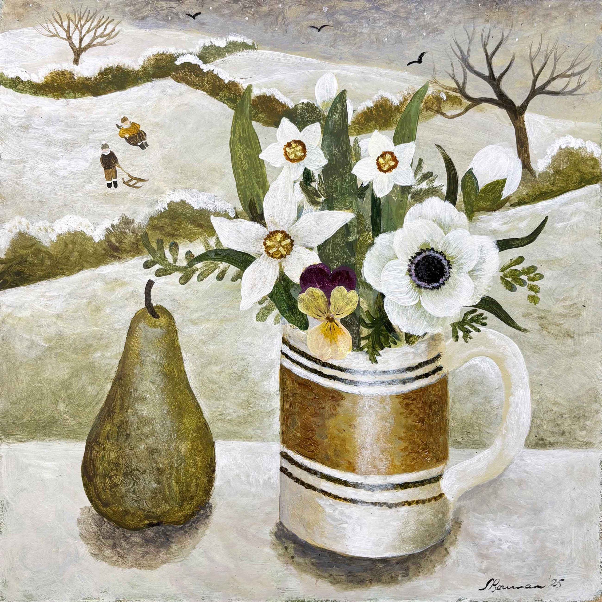 Sledgers & Pear. Floral Figurative Paintings by Sarah Bowman. Oil on board.