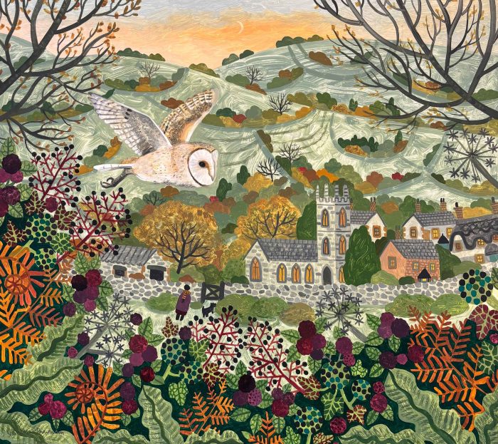 Autumn Barn Owl. Birds & Animals Landscape Paintings by Vanessa Bowman. Oil on card.