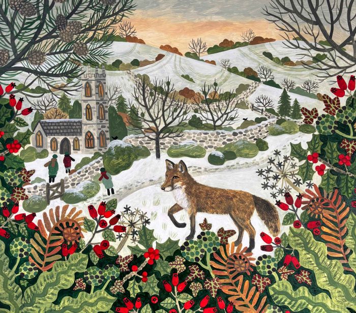Fox in Winter. Birds & Animals Landscape Paintings by Vanessa Bowman. Oil on card.