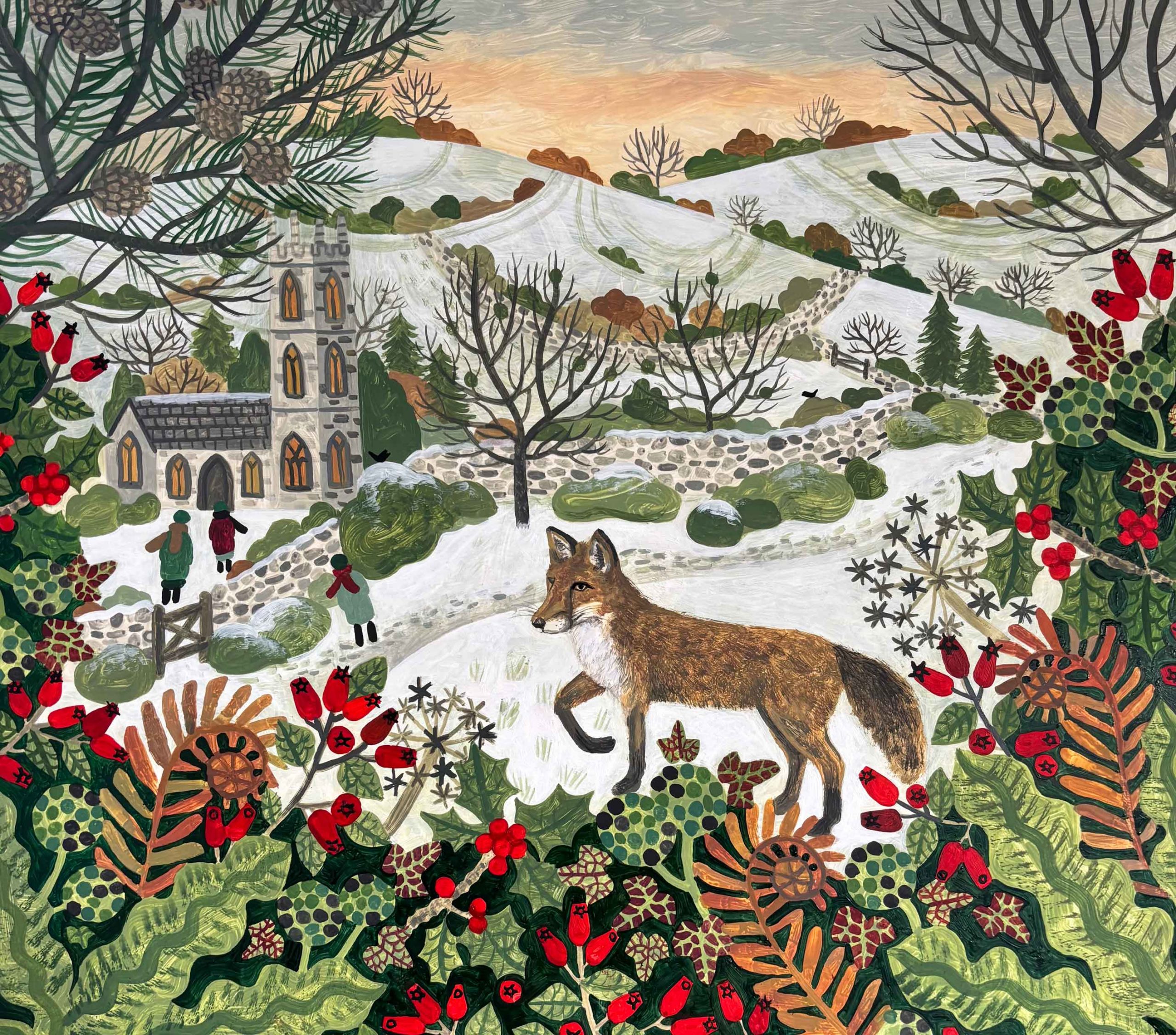 Fox in Winter. Birds & Animals Landscape Paintings by Vanessa Bowman. Oil on card.