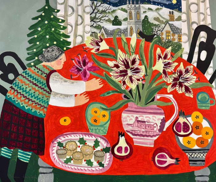 The Red Cloth. Landscape Floral Paintings by Vanessa Bowman. Oil on card.