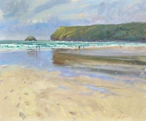 Wet Sand, Polzeath. Cornwall Seascape Paintings by Maria Rose. Oil on canvas.