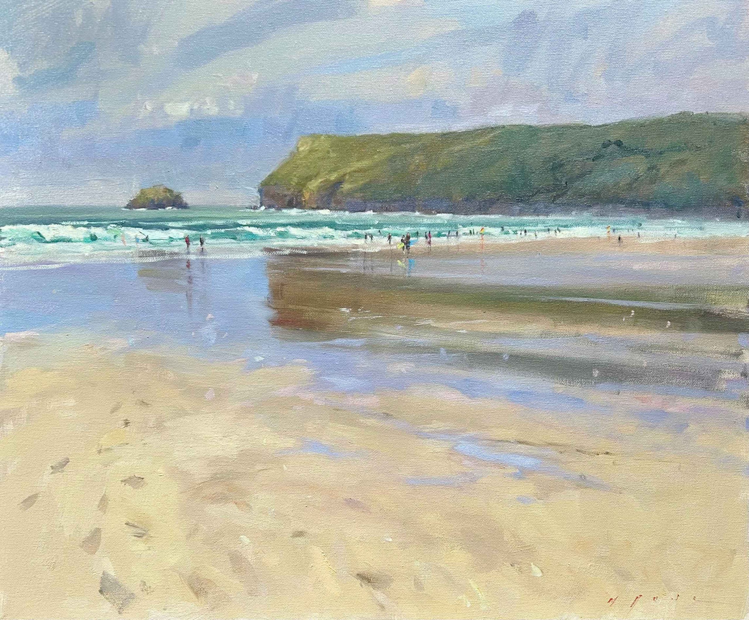 Wet Sand, Polzeath. Cornwall Seascape Paintings by Maria Rose. Oil on canvas.