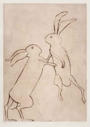 Boxing Hares. Birds & Animals  Prints by Kate Boxer. Carborundum.