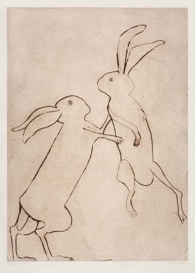 Boxing Hares. Birds & Animals  Prints by Kate Boxer. Carborundum.