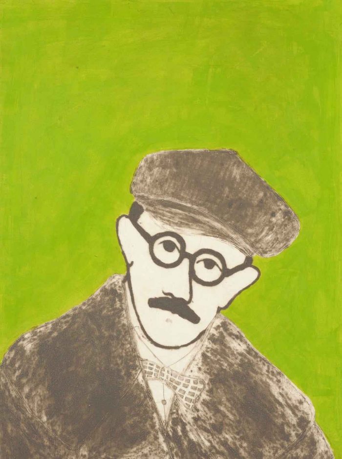 James Joyce. Figurative  Prints by Kate Boxer. Drypoint, carborundum & gouache.