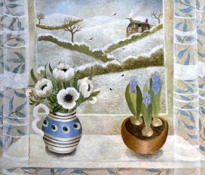 Anemones & Hyacinths.   Paintings by Sarah Bowman. Oil on board.