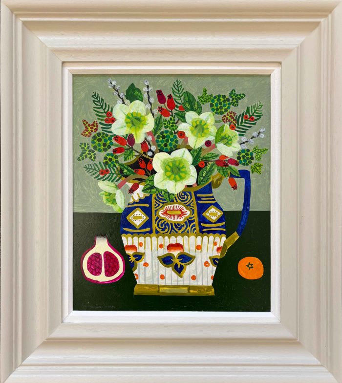 Christmas Rose & Rosehips. Still Life  Paintings by Vanessa Bowman. Oil on card.