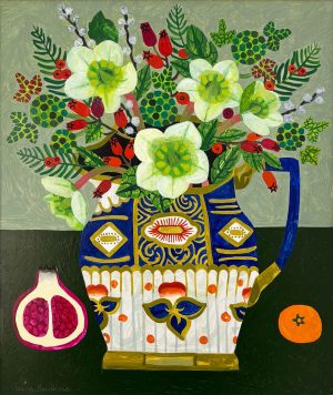 Christmas Rose & Rosehips. Still Life  Paintings by Vanessa Bowman. Oil on card.