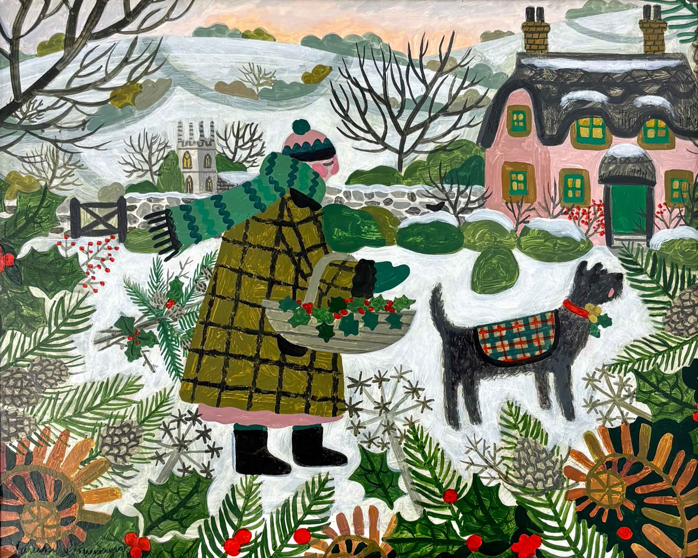 The Holly Gatherer.   Paintings by Vanessa Bowman. Oil on card.