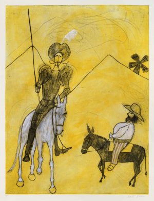 Don Quixote & Sancho Panza. Birds & Animals Figurative Prints by Kate Boxer. Drypoint & gouache.