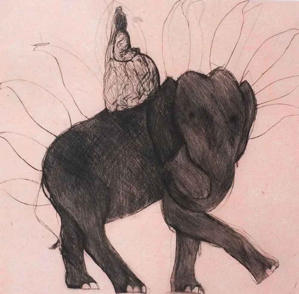Queen Victoria. Figurative Birds & Animals Prints by Kate Boxer. Drypoint & chine collee.