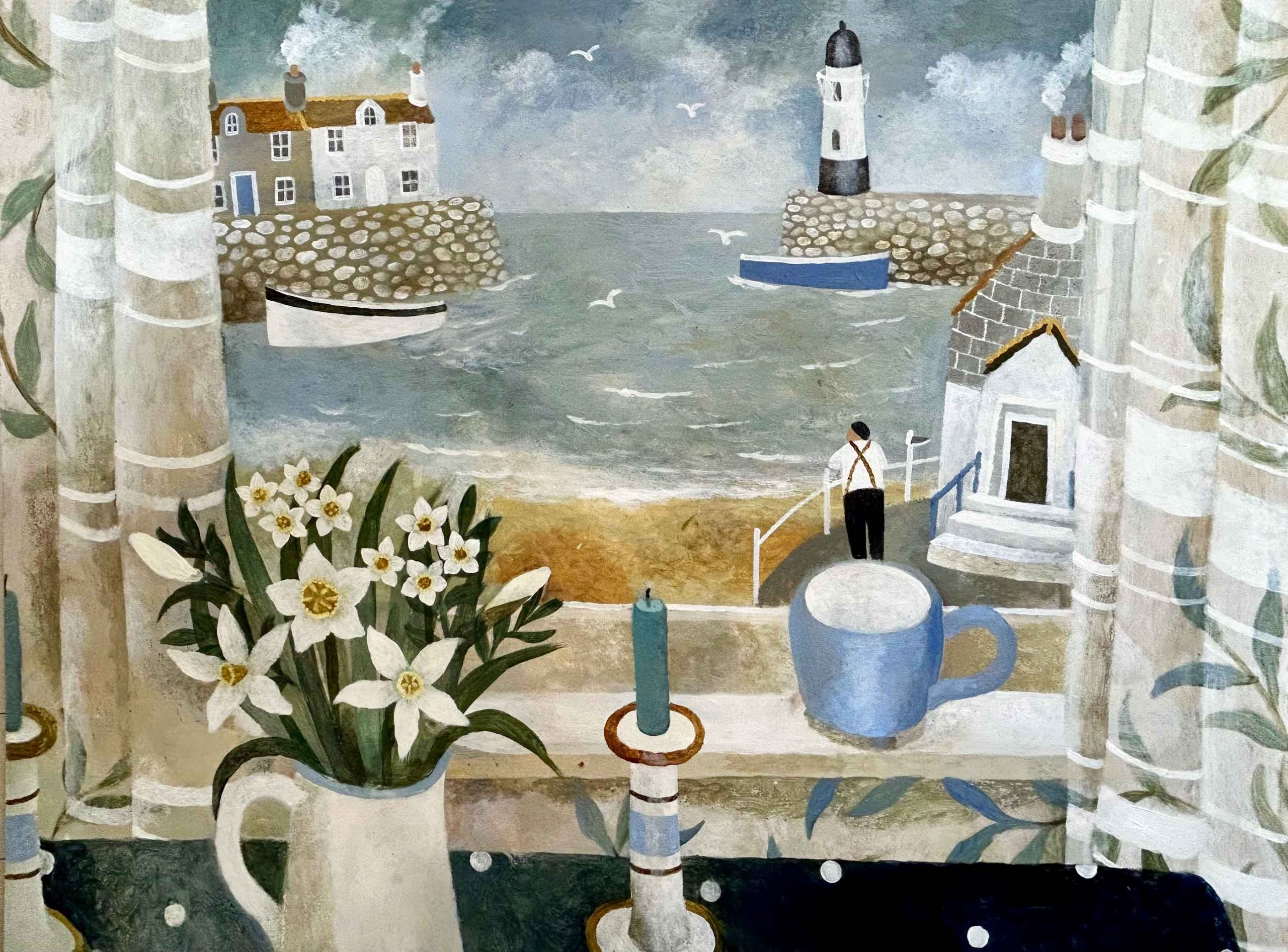 Blue Mug, Spotted Cloth. Interiors Cornwall Paintings by Sarah Bowman. Oil on board.