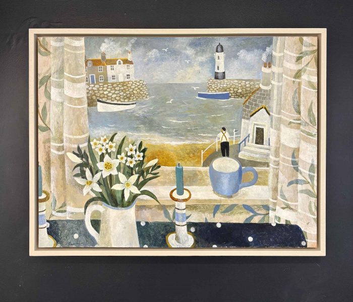 Blue Mug, Spotted Cloth. Interiors Cornwall Paintings by Sarah Bowman. Oil on board.