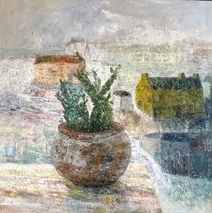 Cactus & Candle Cottage. Landscape Floral Paintings by Ellen Watson. Mixed media on canvas.
