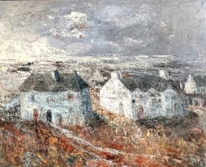 Hell's Bay Cottages. Cornwall Landscape Paintings by Ellen Watson. Mixed media on canvas.