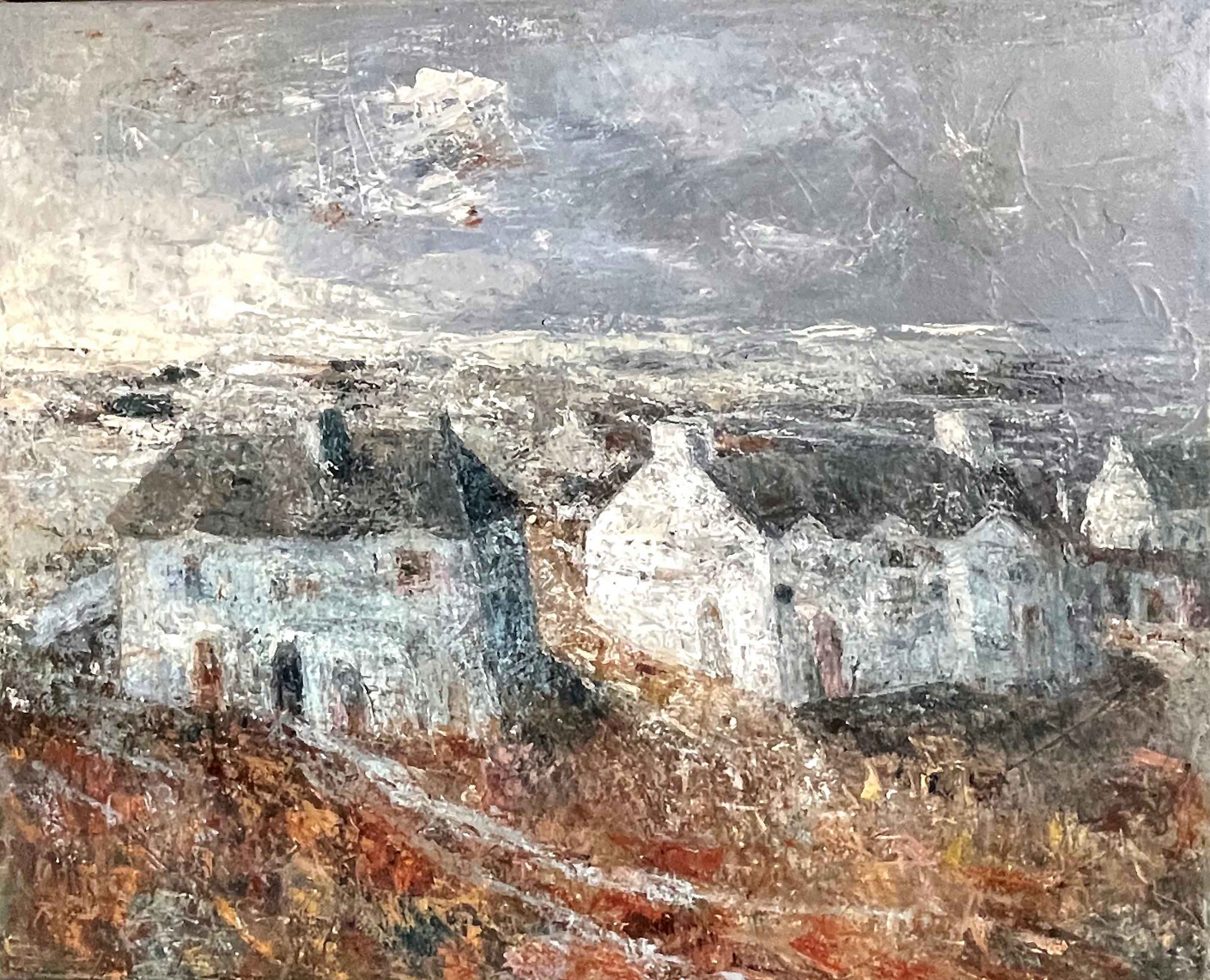 Hell's Bay Cottages. Cornwall Landscape Paintings by Ellen Watson. Mixed media on canvas.