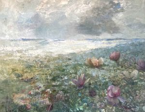 Pink & Purple Magnolias, South Coast. Cornwall Seascape Paintings by Ellen Watson. Mixed media on canvas.