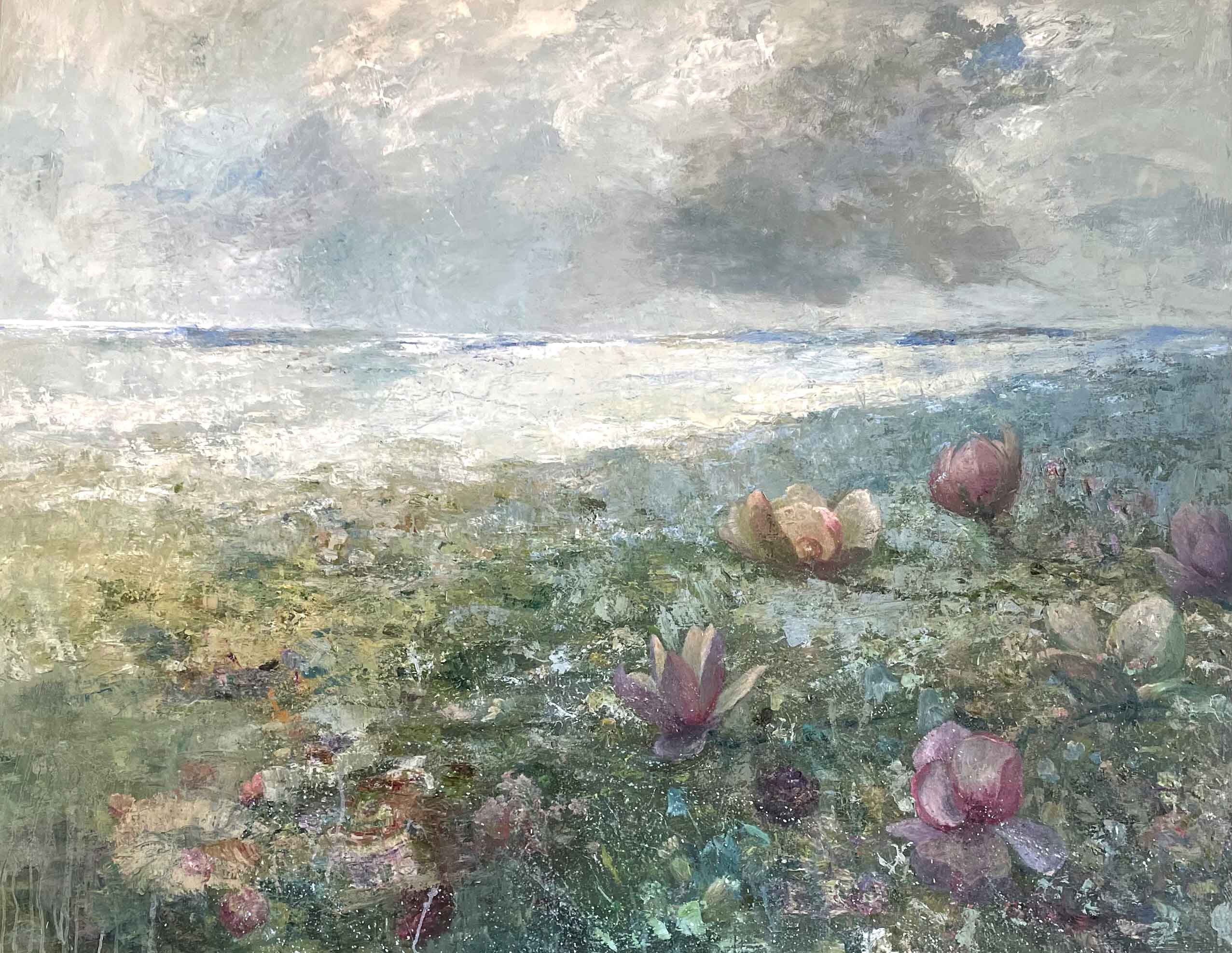 Pink & Purple Magnolias, South Coast. Cornwall Seascape Paintings by Ellen Watson. Mixed media on canvas.