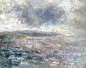 Porscatho Light. Cornwall Seascape Paintings by Ellen Watson. Mixed media on canvas.