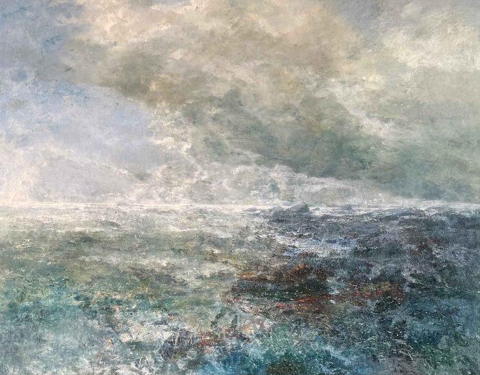 Tide Coming In, Clouds Breaking Up. Cornwall Seascape Paintings by Ellen Watson. Mixed media on canvas.