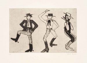 Cowboy Dancers. Figurative  Prints by Kate Boxer. Drypoint & carborundum.