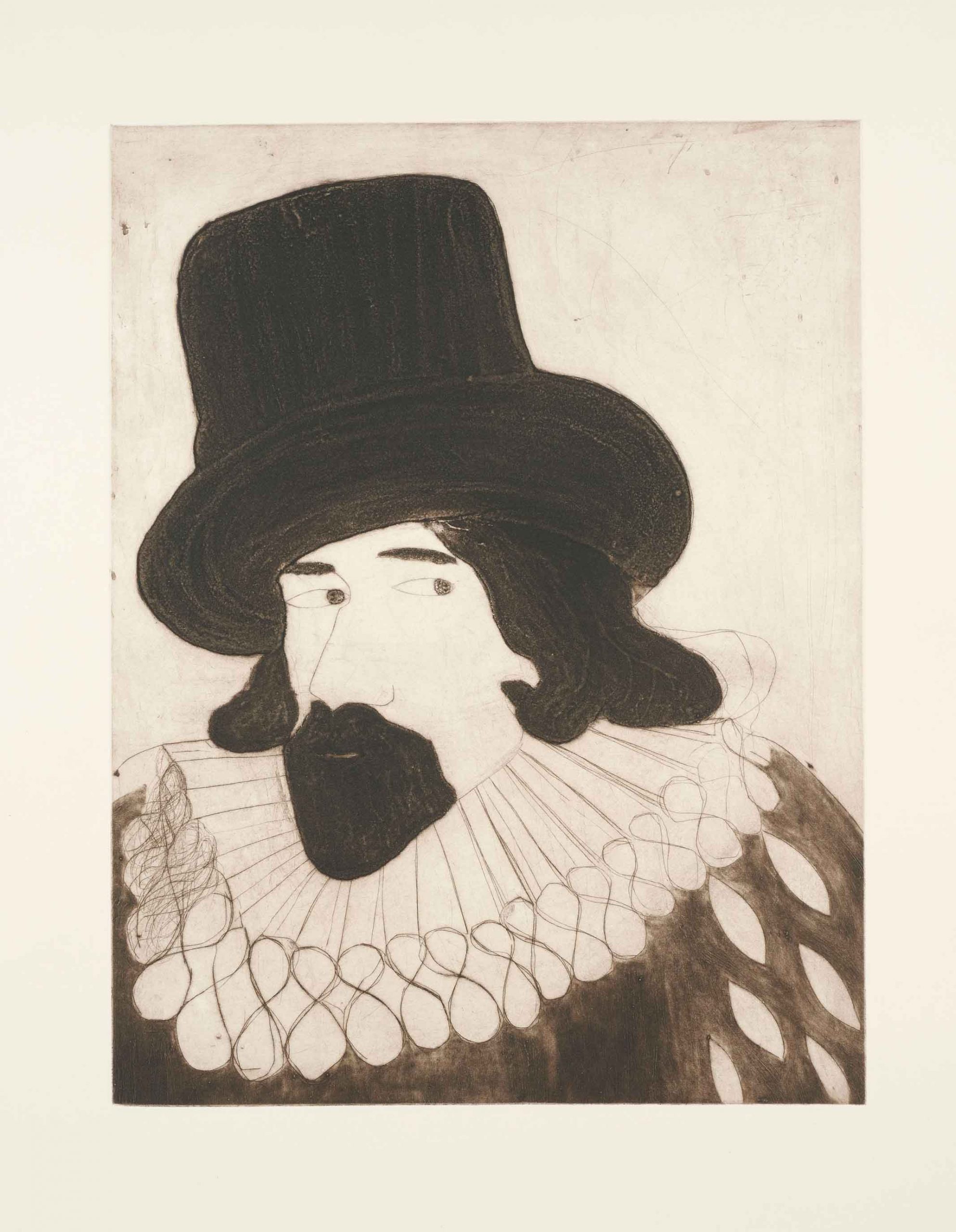 Guy Fawkes. Figurative  Prints by Kate Boxer. Drypoint, carborundum & acrylic.
