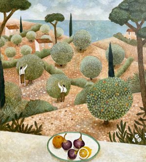 Fruit Platter, Olive Groves. European Landscape Paintings by Sarah Bowman. Oil on board.
