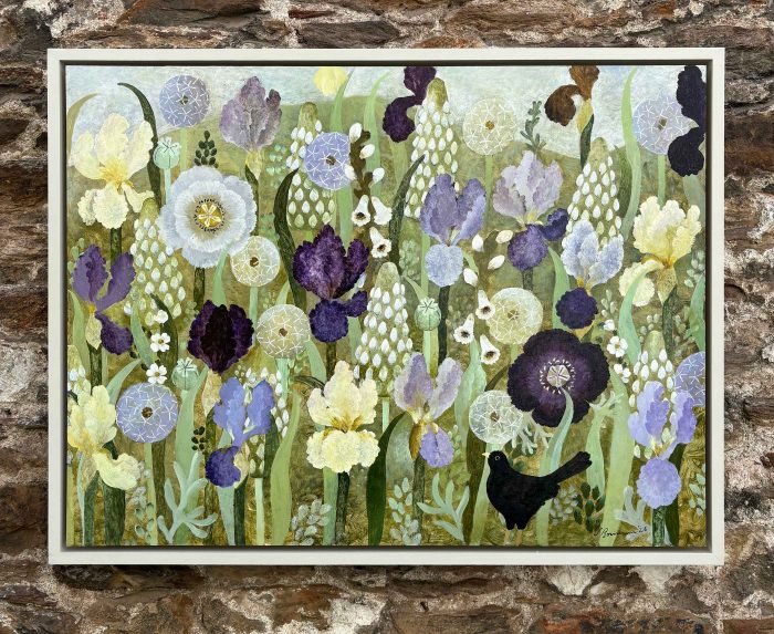 Pale Lemon Iris & Poppies. Birds & Animals Floral Paintings by Sarah Bowman. Oil on board.