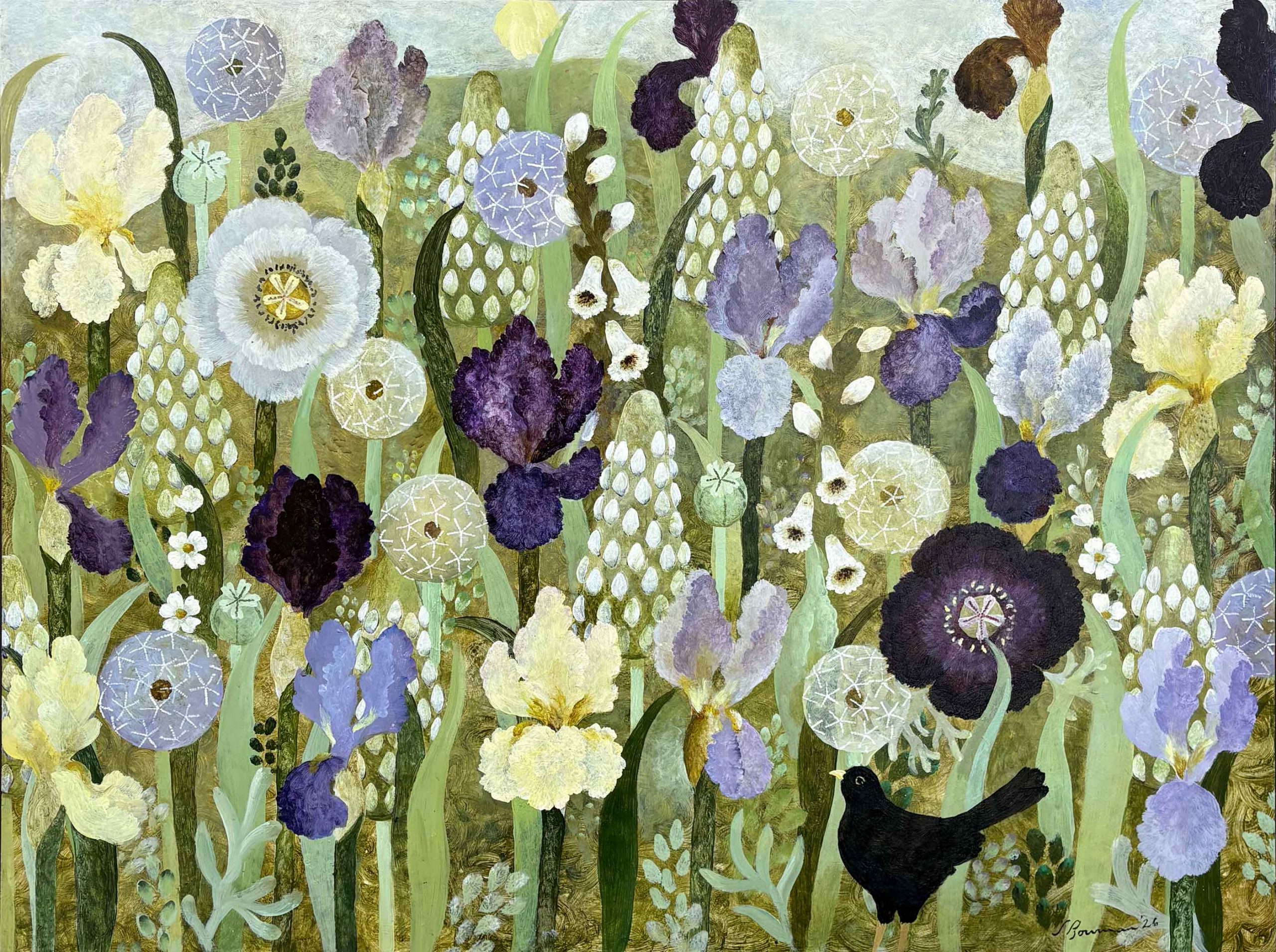 Pale Lemon Iris & Poppies. Birds & Animals Floral Paintings by Sarah Bowman. Oil on board.
