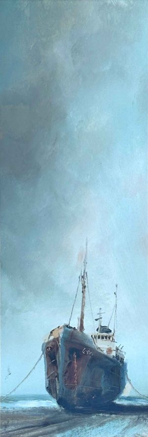 Trawler at Rest. Seascape  Paintings by Anthony Amos. Oil on board.