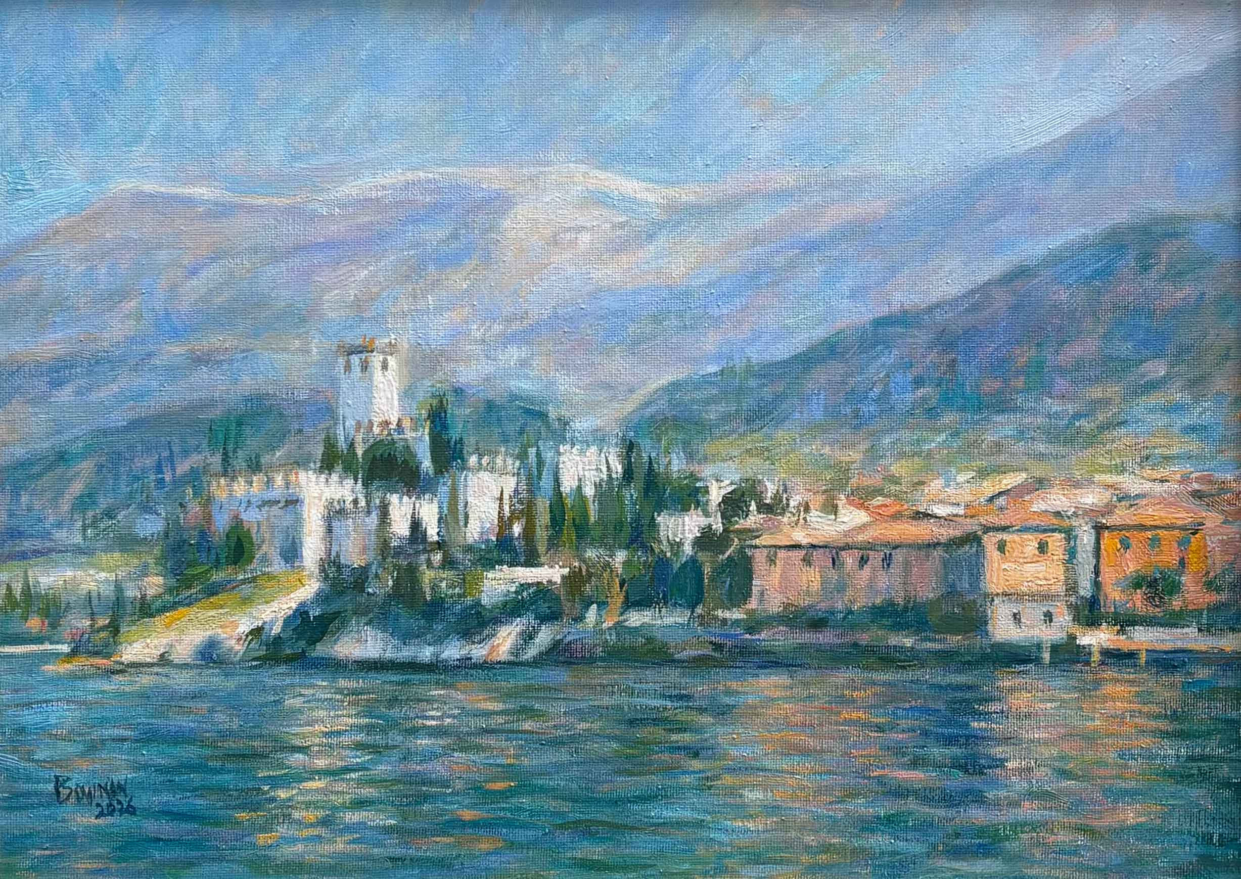 Malcesine, Lake Garda. European Landscape Paintings by Michael Bowman. Oil on board.