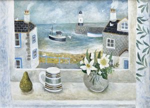 Hellebores & Striped Jug. Still Life Floral Paintings by Sarah Bowman. Oil on board.