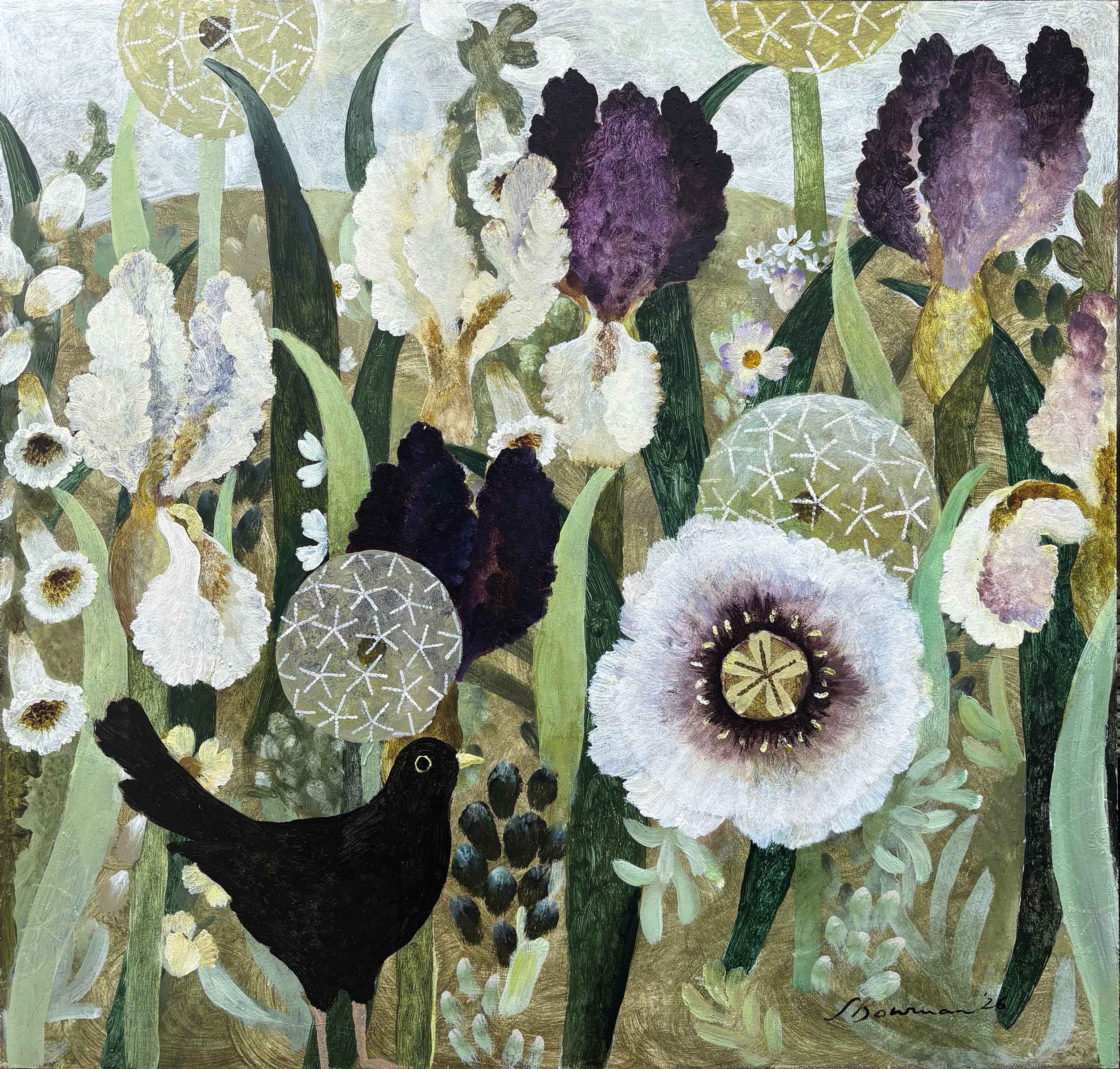 Velvets & Creams. Birds & Animals Floral Paintings by Sarah Bowman. Oil on board.