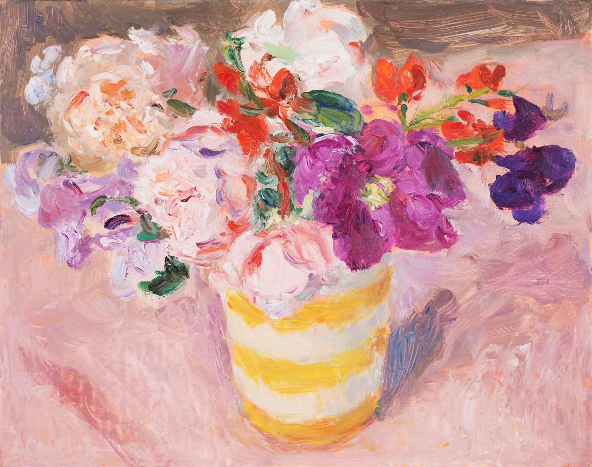Summer Flowers in a Yellow Stripy Jug. Still Life Floral Paintings by Lynne Cartlidge. Oil on board.