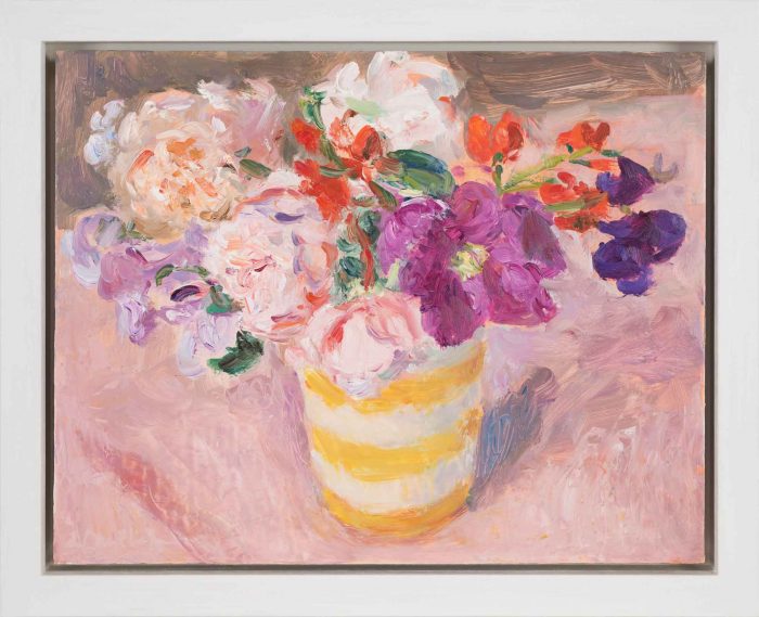 Summer Flowers in a Yellow Stripy Jug. Still Life Floral Paintings by Lynne Cartlidge. Oil on board.