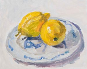 Lemons on a Chinese Plate. Still Life Interiors Paintings by Lynne Cartlidge. Oil on board.