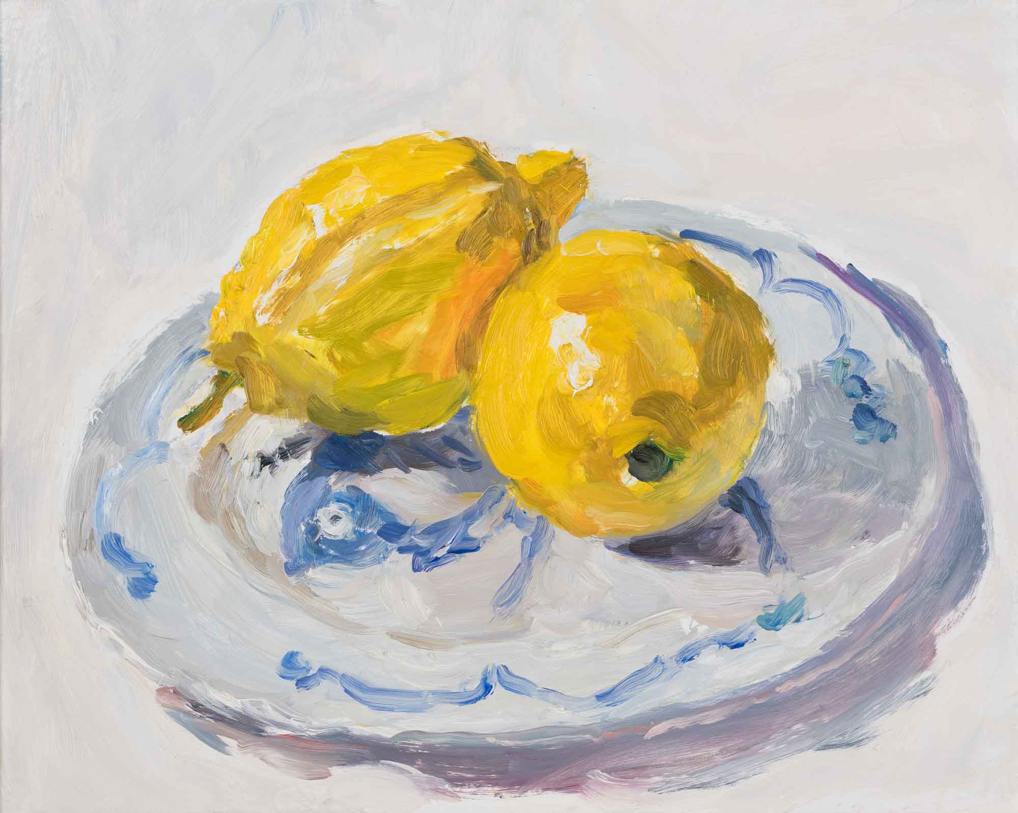 Lemons on a Chinese Plate. Still Life Interiors Paintings by Lynne Cartlidge. Oil on board.