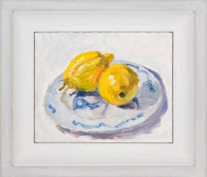Lemons on a Chinese Plate. Still Life Interiors Paintings by Lynne Cartlidge. Oil on board.