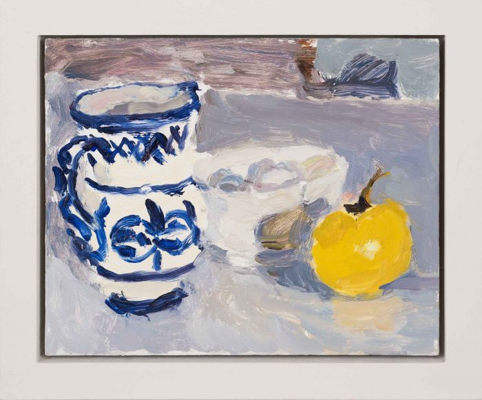 Patterned Vase, Apple & Eggs. Still Life Interiors Paintings by Lynne Cartlidge. Oil on board.