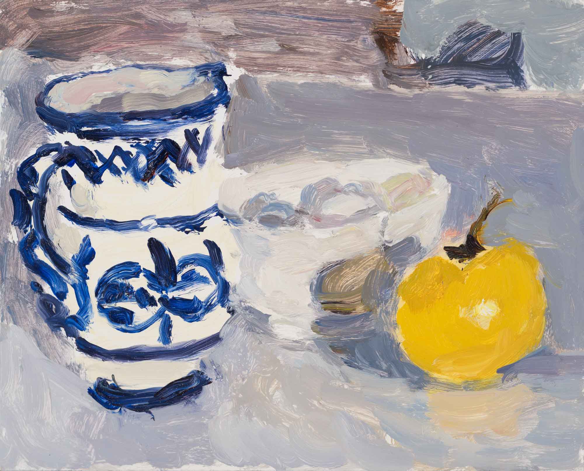 Patterned Vase, Apple & Eggs. Still Life Interiors Paintings by Lynne Cartlidge. Oil on board.