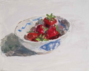 Strawberries, Late Afternoon. Still Life Interiors Paintings by Lynne Cartlidge. Oil on board.