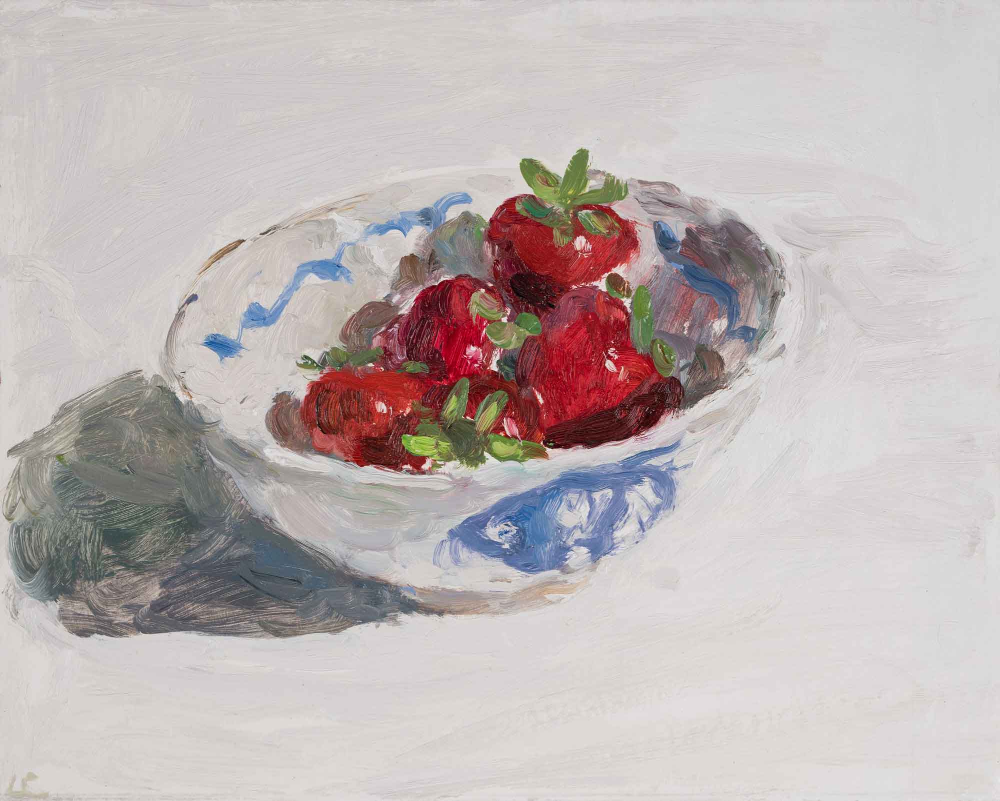 Strawberries, Late Afternoon. Interiors Still Life Paintings by Lynne Cartlidge. Oil on board.