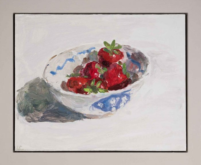 Strawberries, Late Afternoon. Interiors Still Life Paintings by Lynne Cartlidge. Oil on board.