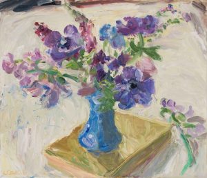 Sweetpeas, Anemones & Yellow Book. Still Life Floral Paintings by Lynne Cartlidge. Oil on board.
