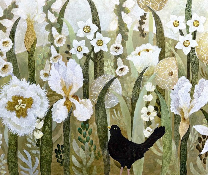 Purity II. Birds & Animals Floral Paintings by Sarah Bowman. Oil on board.