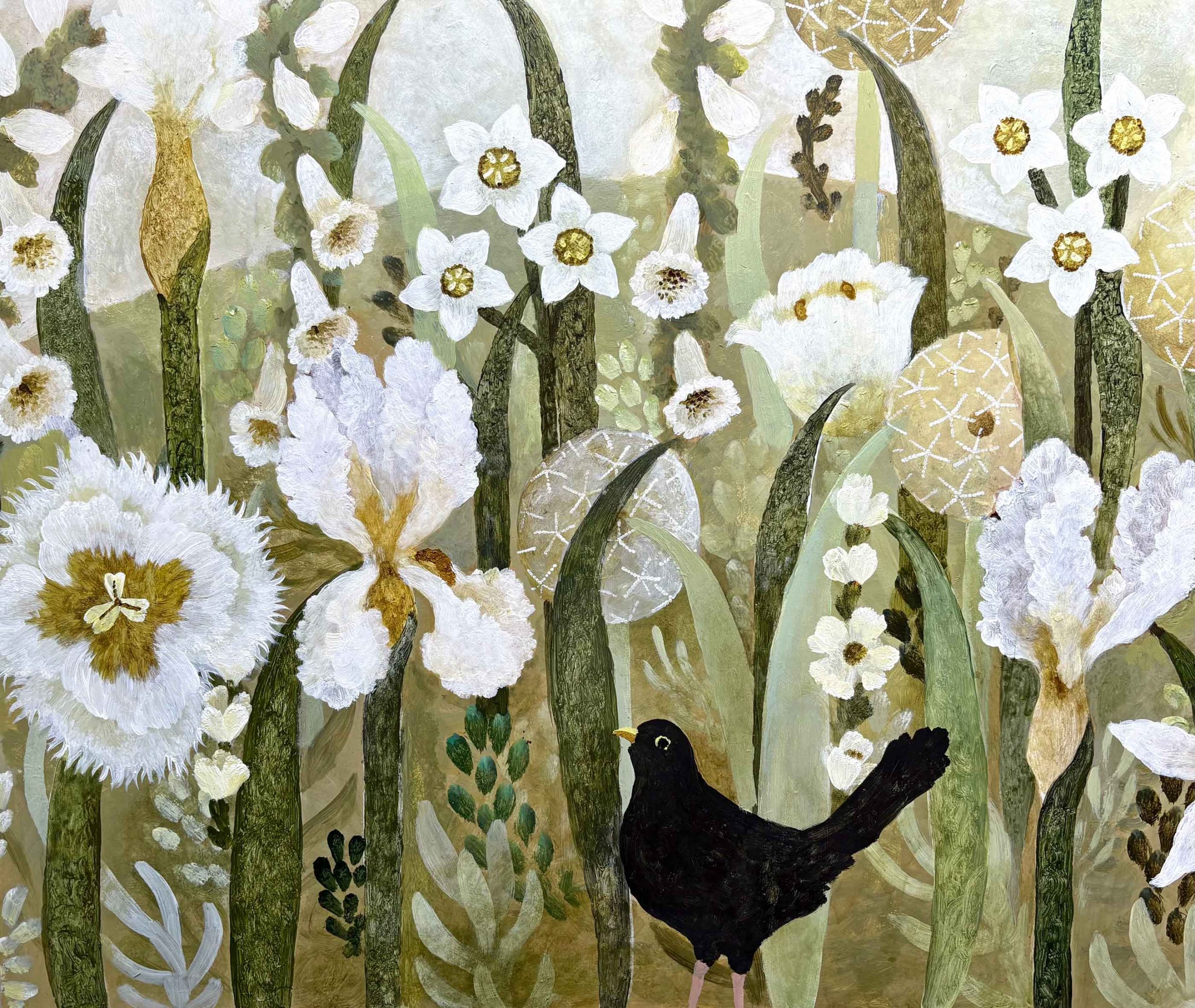 Purity II. Birds & Animals Floral Paintings by Sarah Bowman. Oil on board.