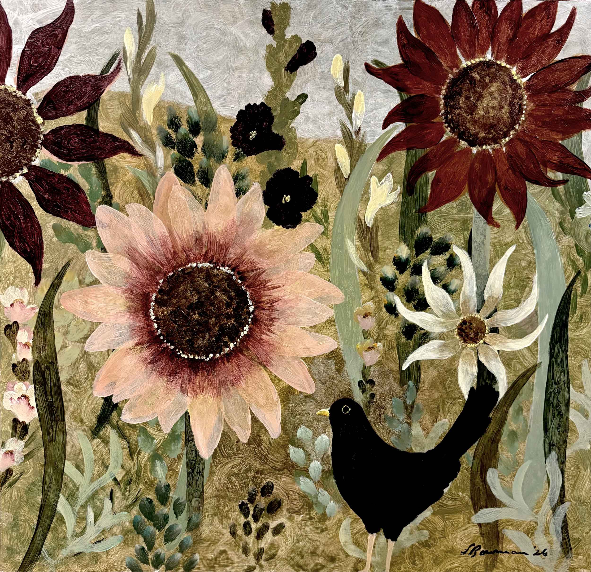 Blackbird & Sunflowers. Birds & Animals Floral Paintings by Sarah Bowman. Oil on board.