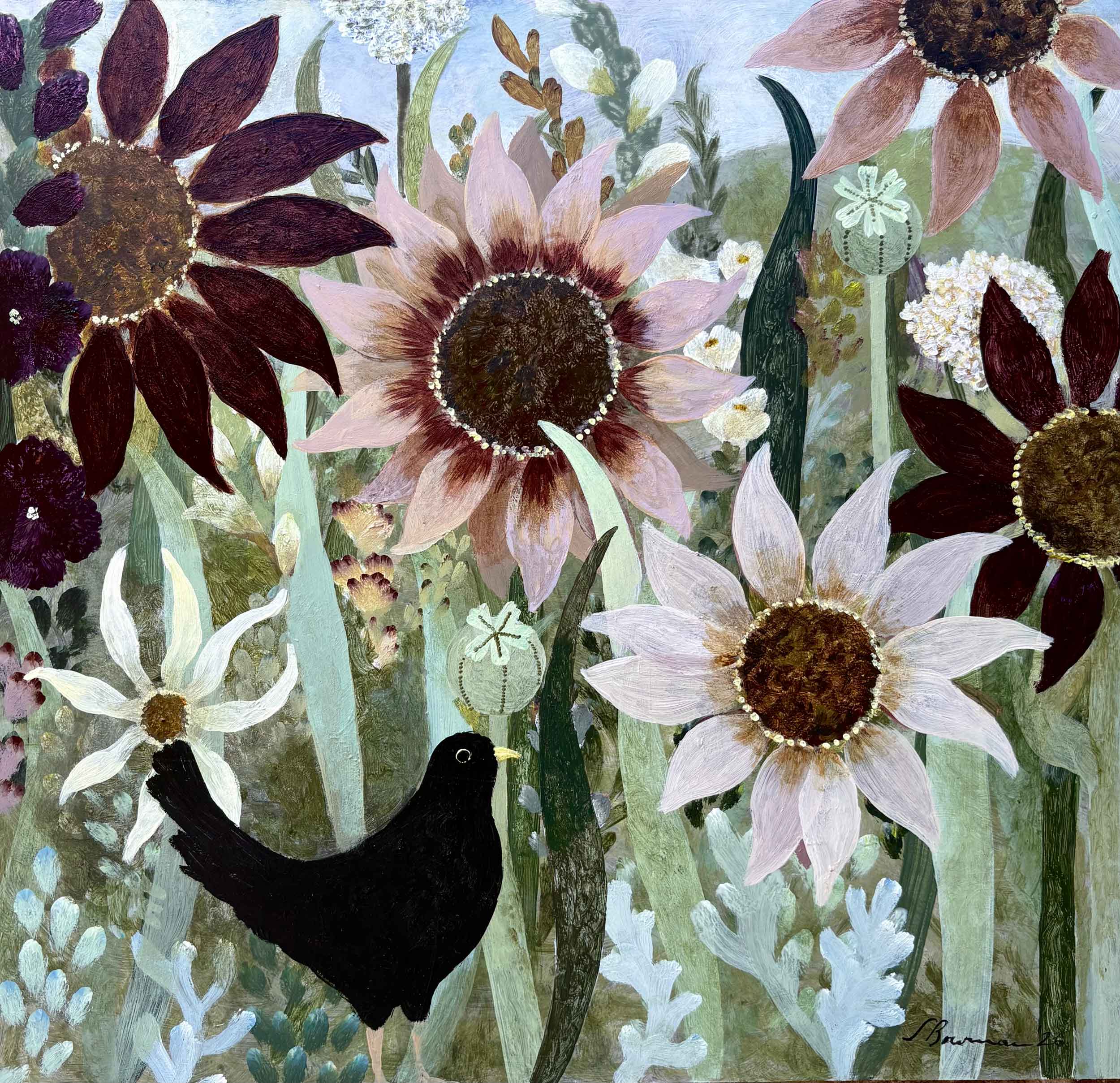 Dusky Sunflowers. Birds & Animals Floral Paintings by Sarah Bowman. Oil on board.